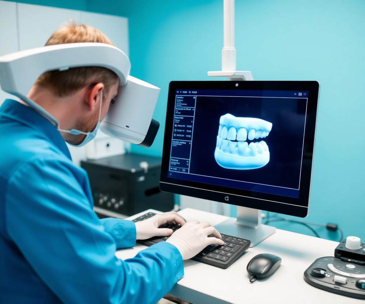Dental technician using a digital scanner with a 3D tooth model